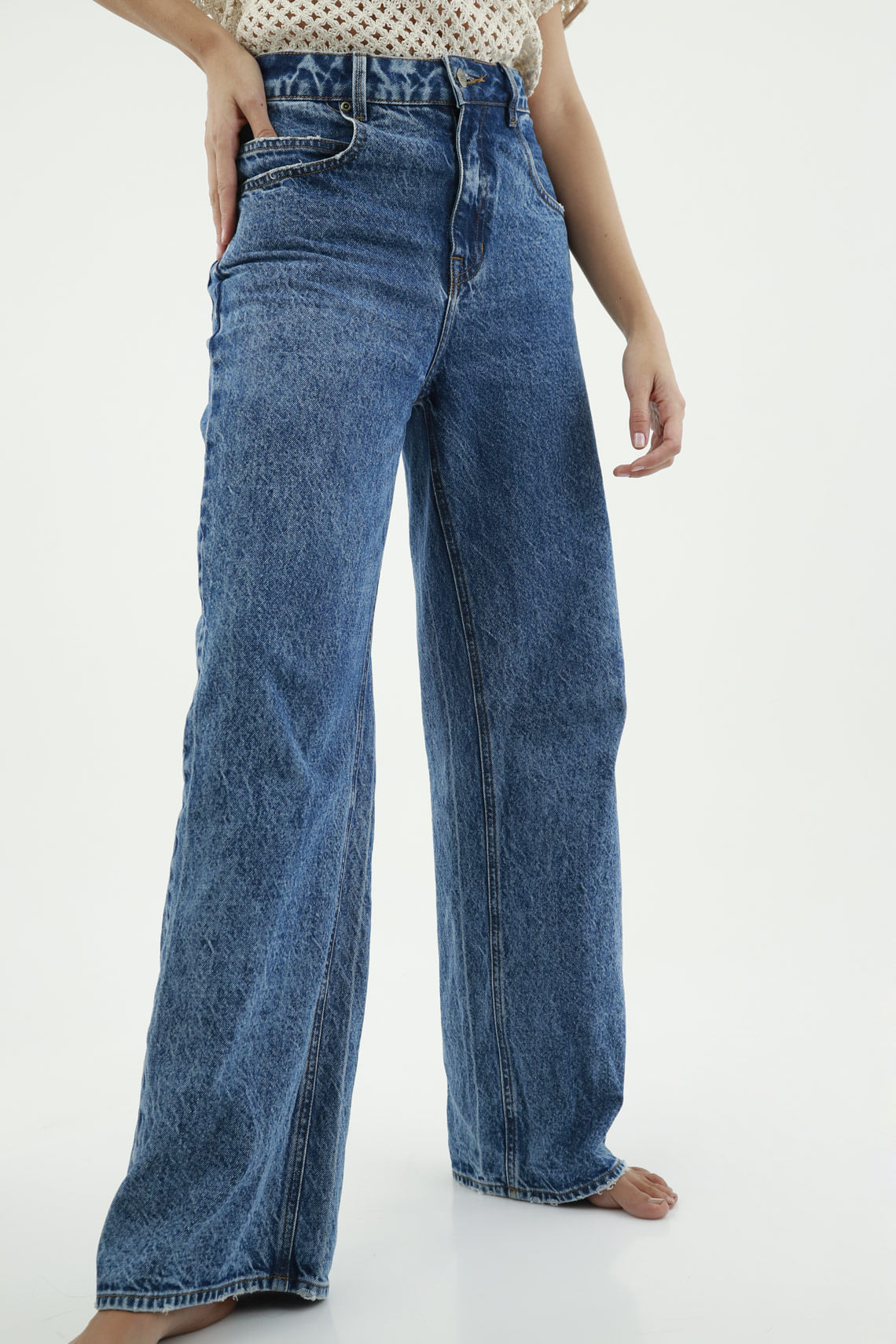 Calças Jeans personalizadas para mulher Azul com vários bolsos de largura  perna cintura subida Calças Fashion Denim Loose Jean Pants for Women -  China Calças e calças preço