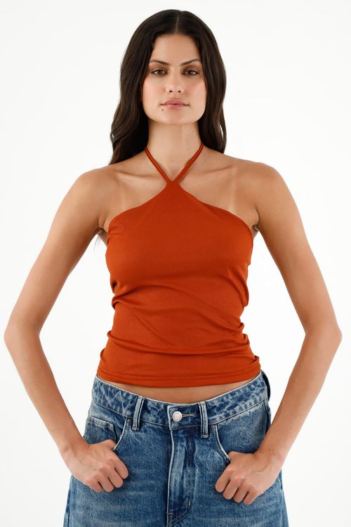 Camiseta cuello halter naranja para mujer