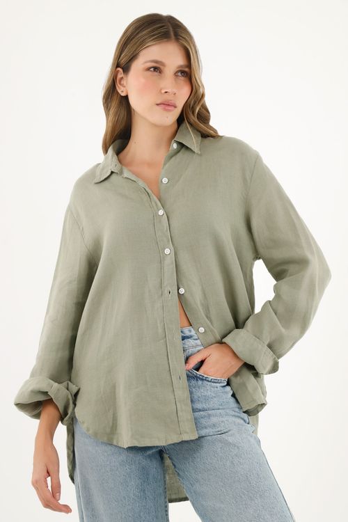 Camisa 100% lino manga larga verde para mujer