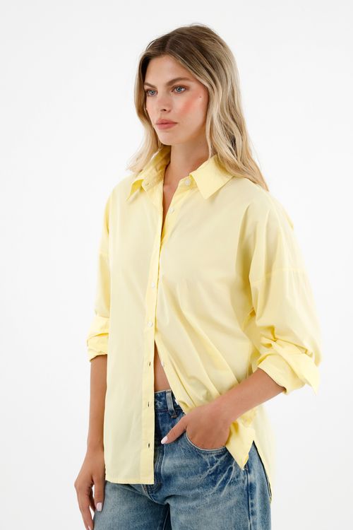Camisa amarilla 100% lino manga larga para mujer