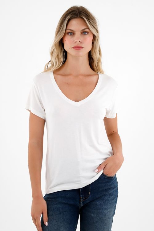 Camiseta blanca cuello V para mujer