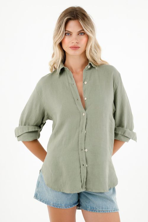 Camisa en 100% lino verde para mujer
