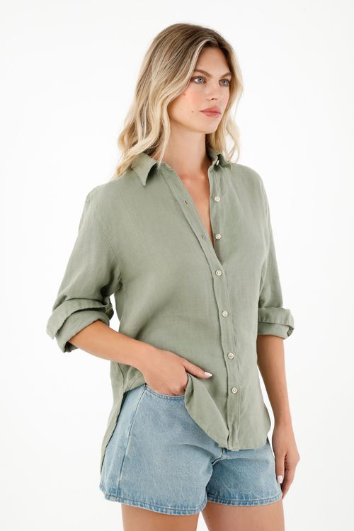 Camisa en 100% lino verde para mujer