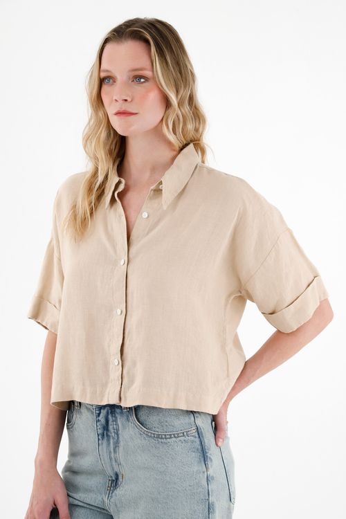 Camisa café 100% lino para mujer