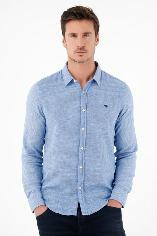 Camisa azul tela tipo tejida para hombre