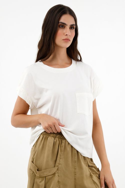 Camiseta crudo con bolsillo frontal para mujer