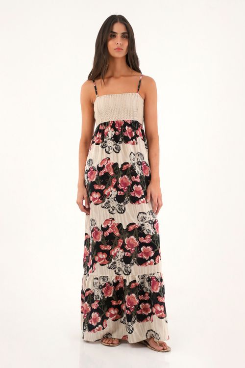 Vestido largo estampado con detalles tejidos para mujer