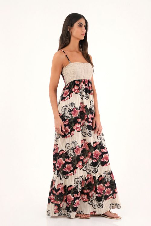 Vestido largo estampado con detalles tejidos para mujer