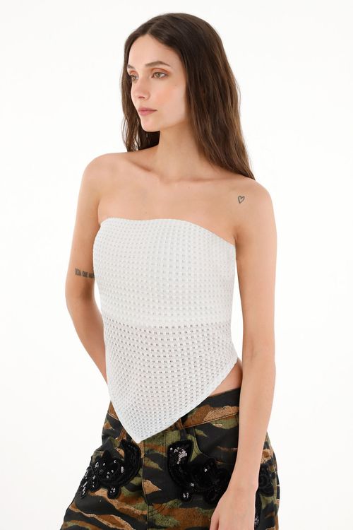 Camiseta strapless con transparencia para mujer