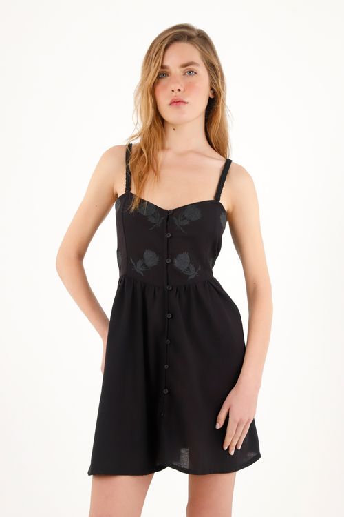 Vestido corto negro con estampado tono a tono para mujer