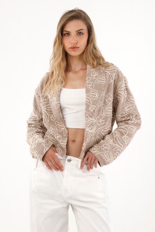 Blazer bordado corto color café para mujer