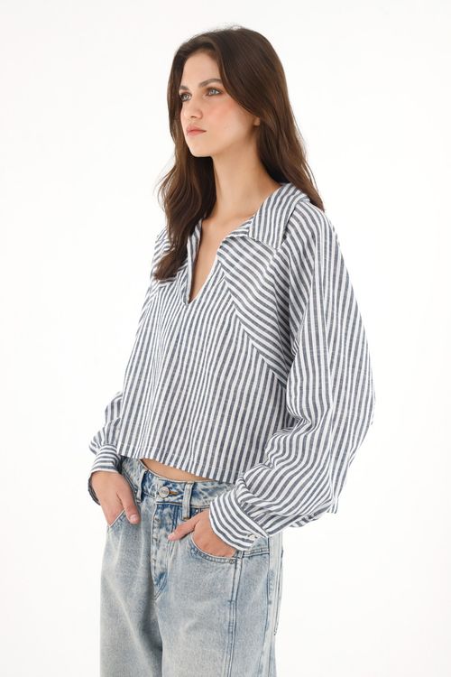 Camisa manga larga en popelina a rayas para mujer
