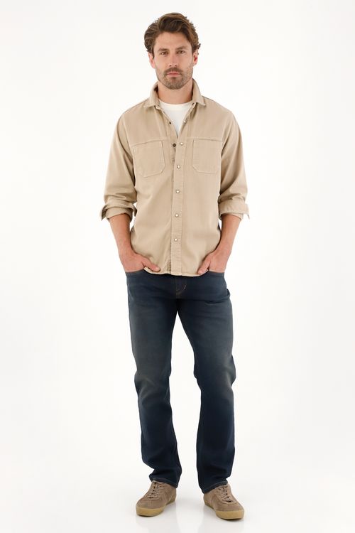 Camisa en dril liviano manga larga café para hombre